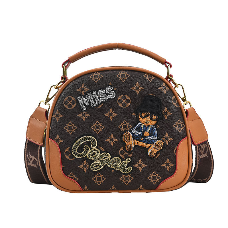 Fashion women's small round bag,hand-held and shoulder bag,bear and old flower prints