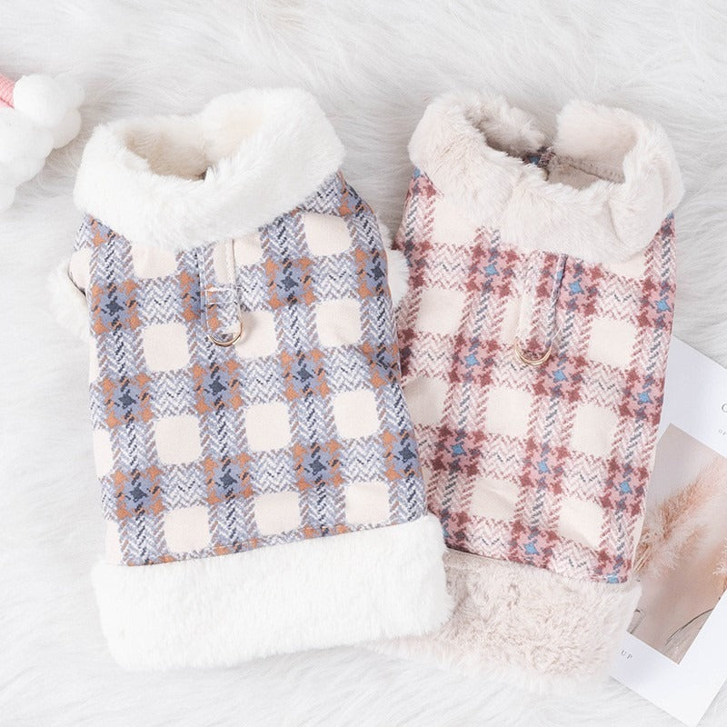 Dog or cat plaid coat warm and fluffy for autumn and winter