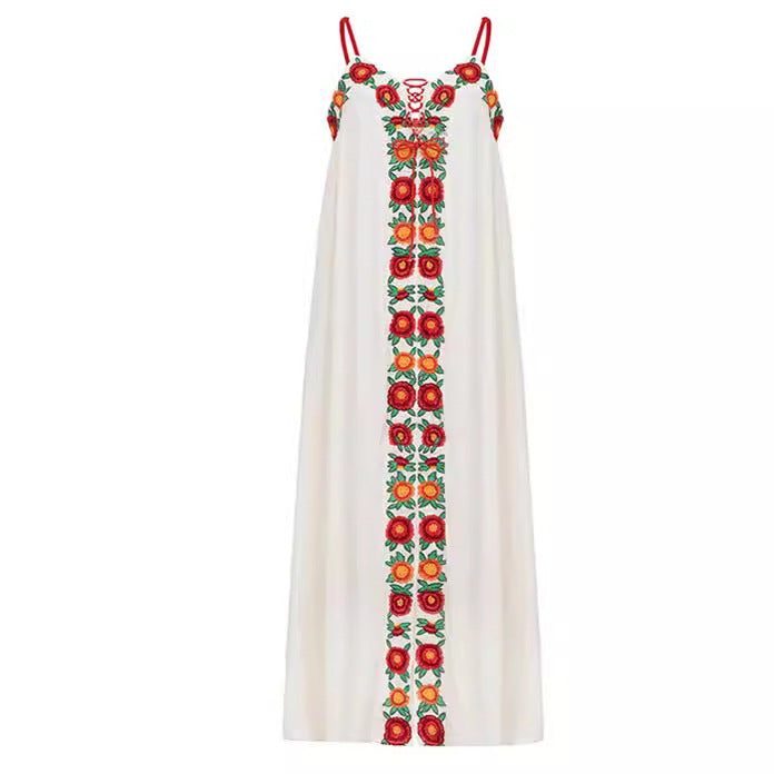 MAGNOLIA-Women's long dress with colorful flower embroidery, V-neck and backless,perfect vacation dress