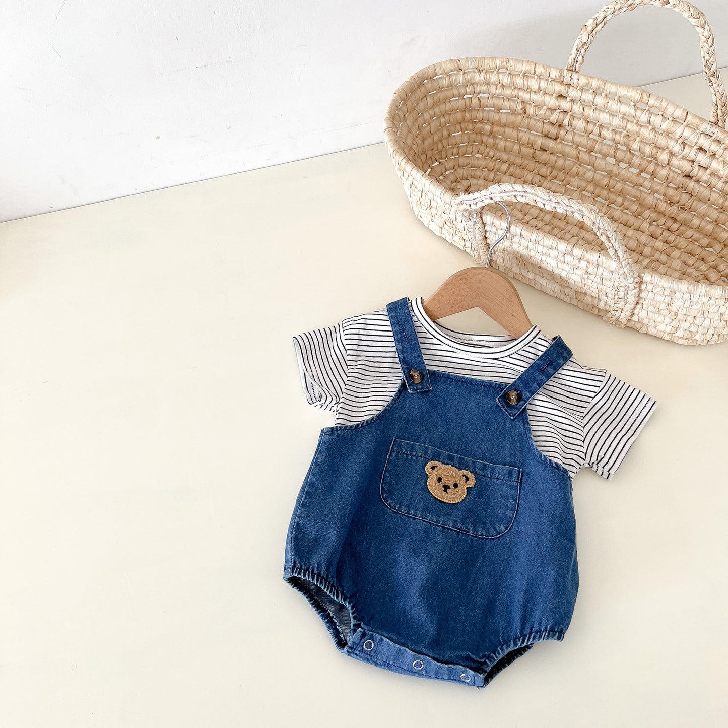 Baby's bear denim summer overalls(shorts with straps or baby striped sleeve t-shirt