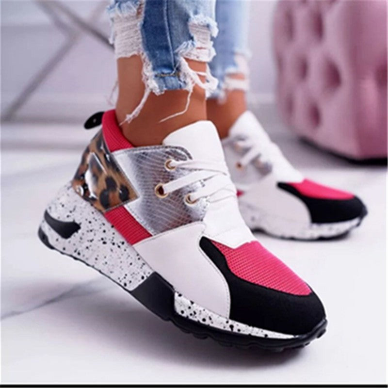 Women's fashion mixed-color sneakers, stylish lightweight running shoes lace-up front flats