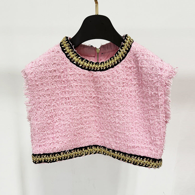 PINK DIAMOND-Women's fashion 3 pc set/cardigan,vest and short skirt, coarse woolen and chain decoration, heavy industry,perfect for autumn and winter.