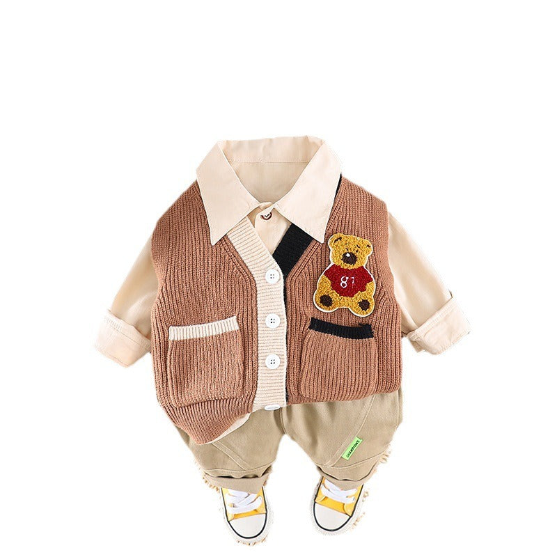 Boy's sweet three piece fashion long sleeved suit trendy(woolen bear vest sleeveless,shirt long sleeved and long pants)