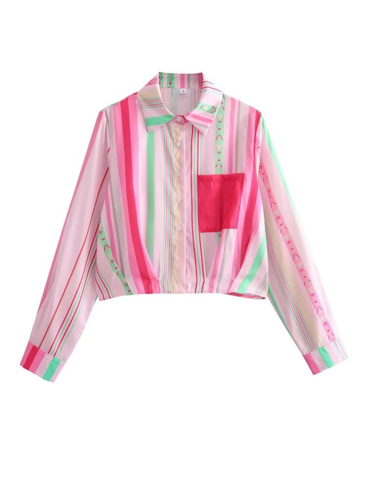 CHICHI-Collar long sleeved short striped printed waist cinching shirt