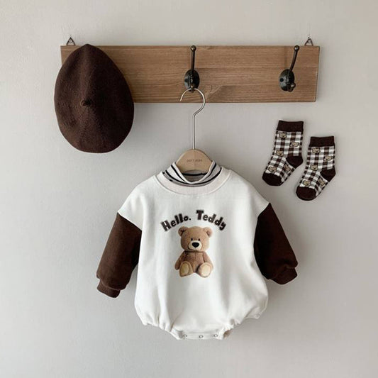 Baby's bodysuit (boys or girls) with a print of a bear with long sleeves in two colors