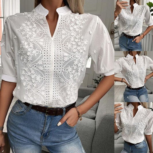 New V-neck stand up collar embroidered lace top shirt