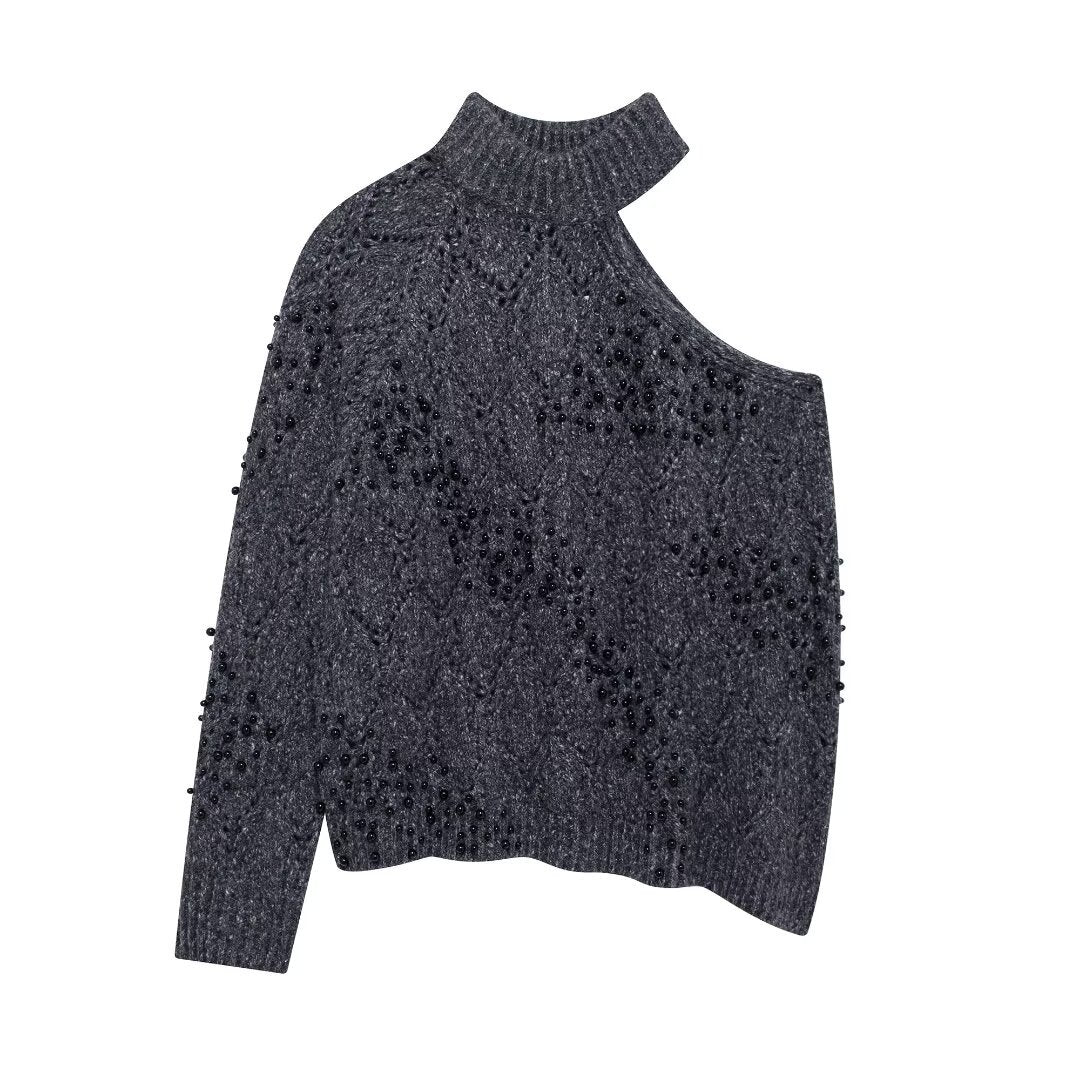 Women's asymmetrical knitted sweater open shoulder