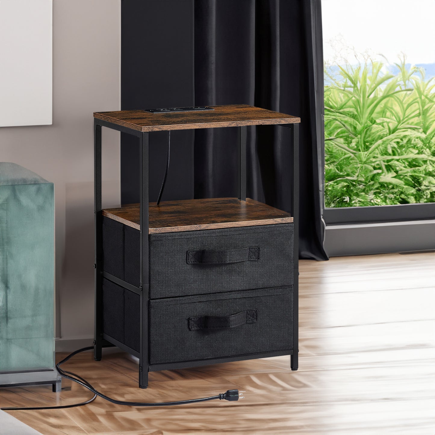 Small table/Bedside table with charging station,with USB port, socket and cloth bag, 2 drawers