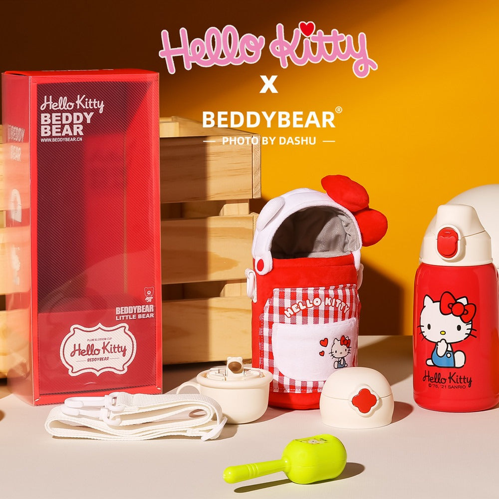 Children's insulation cup Hello Kitty in red color,capacity 630ml,thermal insulation 12-24 hours,with three covers for cup and cup-holder (bag) with belt