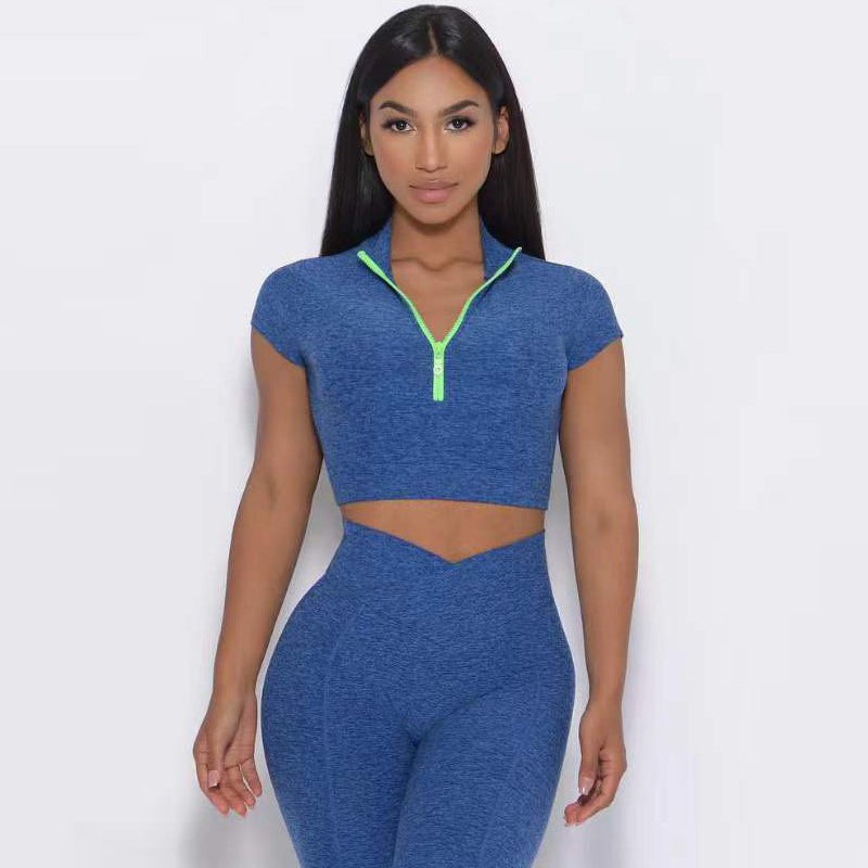 Women's yoga suit set, single shoulder bra, zipper, short sleeves, hip lifting shorts, long pants, fitness