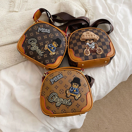 Fashion women's small round bag,hand-held and shoulder bag,bear and old flower prints