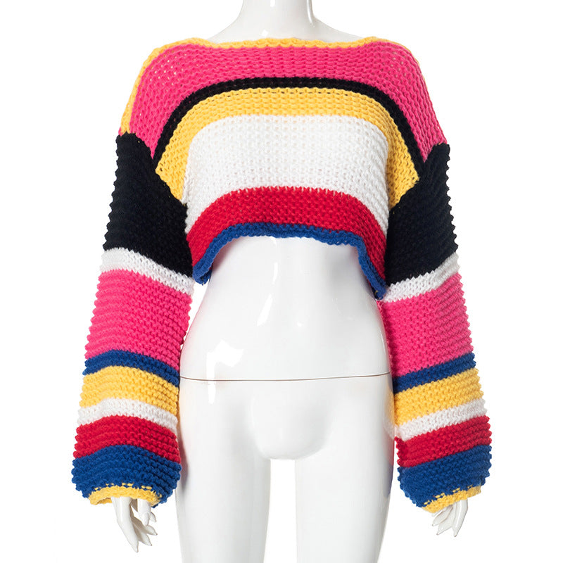 Women's handmade knitted short sweater,rainbow-striped with long wide sleeves