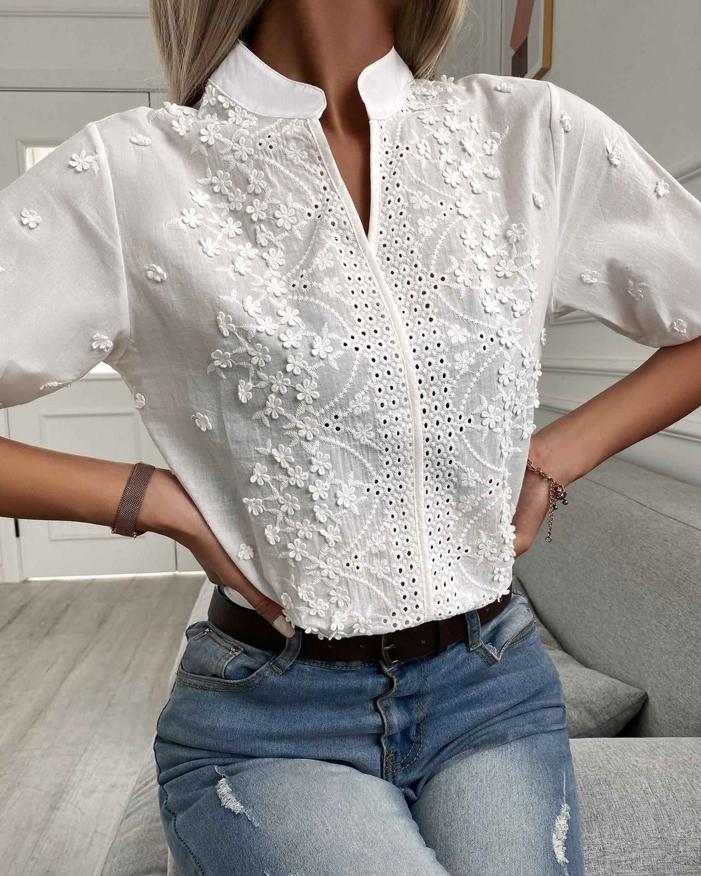 New V-neck stand up collar embroidered lace top shirt