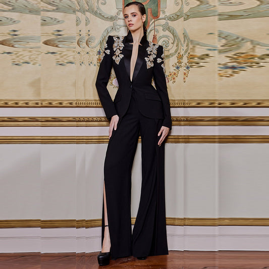 MELANIA-Women's fashion blazer & trousers heavy industry with diamonds and beads