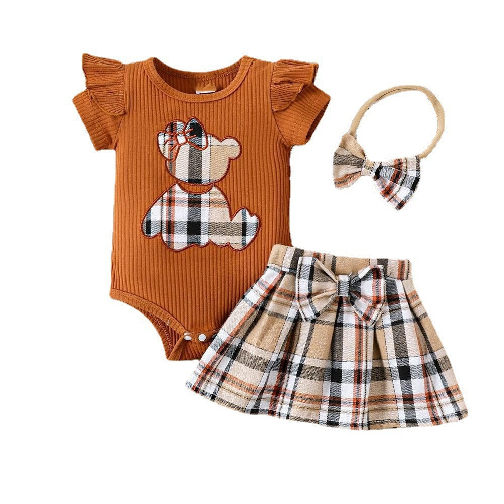 Newborn baby girl's summer 3 piece set,t-shirt bodysuit with style teddy bear,plaid skirt and plaid headbow