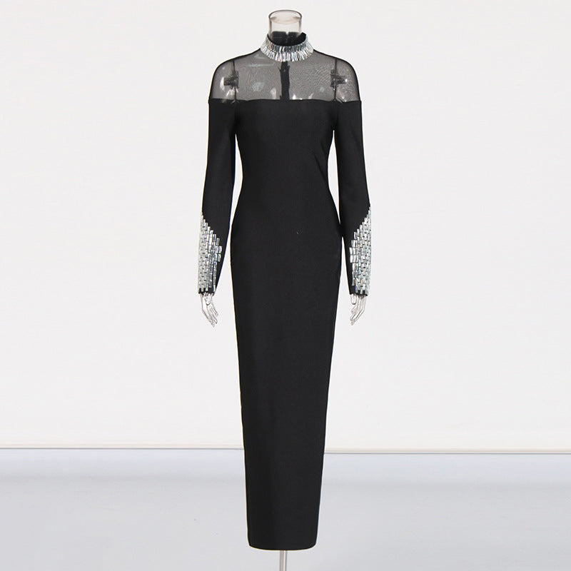 AUDREY-Fashionable and sexy women's elegant dress with mesh round collar and diamond design