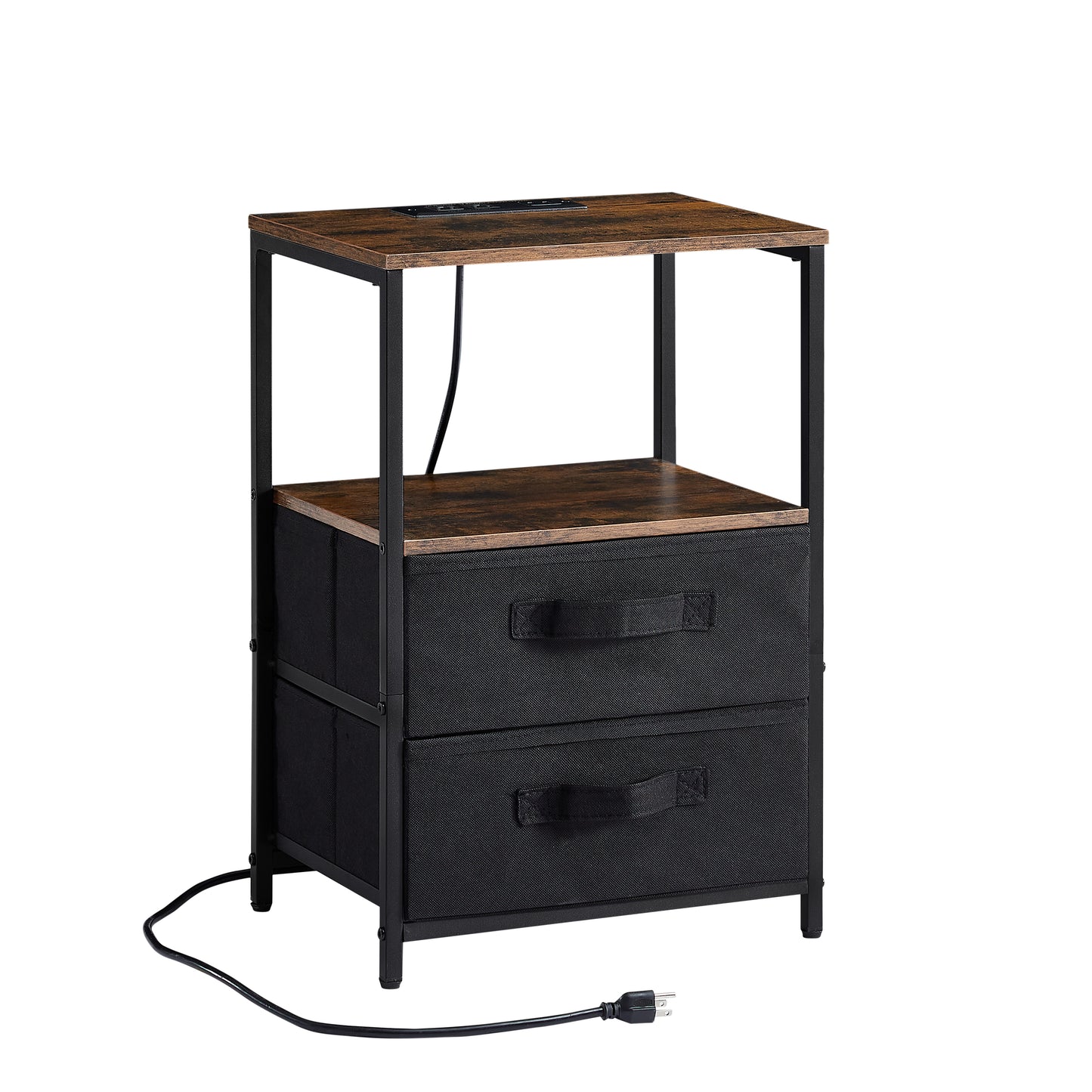 Small table/Bedside table with charging station,with USB port, socket and cloth bag, 2 drawers