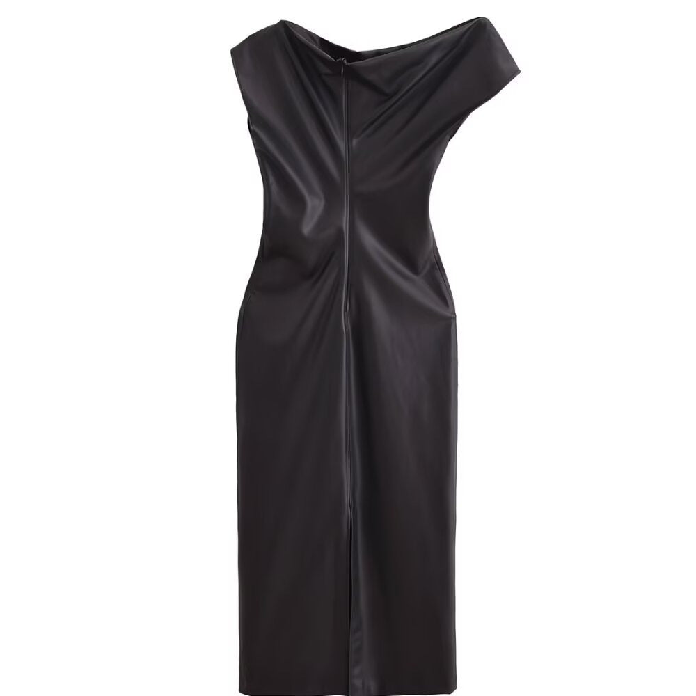 Runnin’ With The Devil - Asymmetric dress, long skirt, temperament, slim fit, hip hugging, faux leather pleated dress