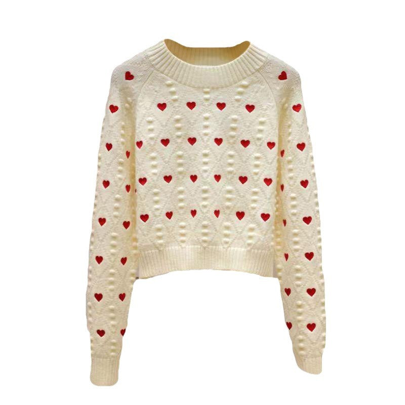 Women's round neck knitted sweater for women,casual and versatile, sweet and stylish, long sleeved sweater with painted hearts