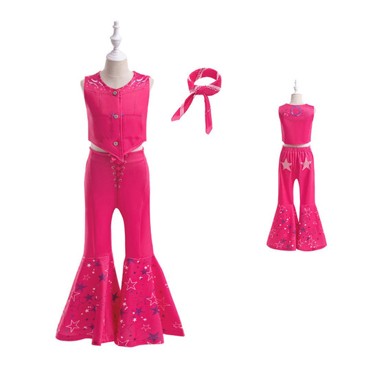 Barbie three piece set children's sleeveless for party,printed performance outfit with silk scarf