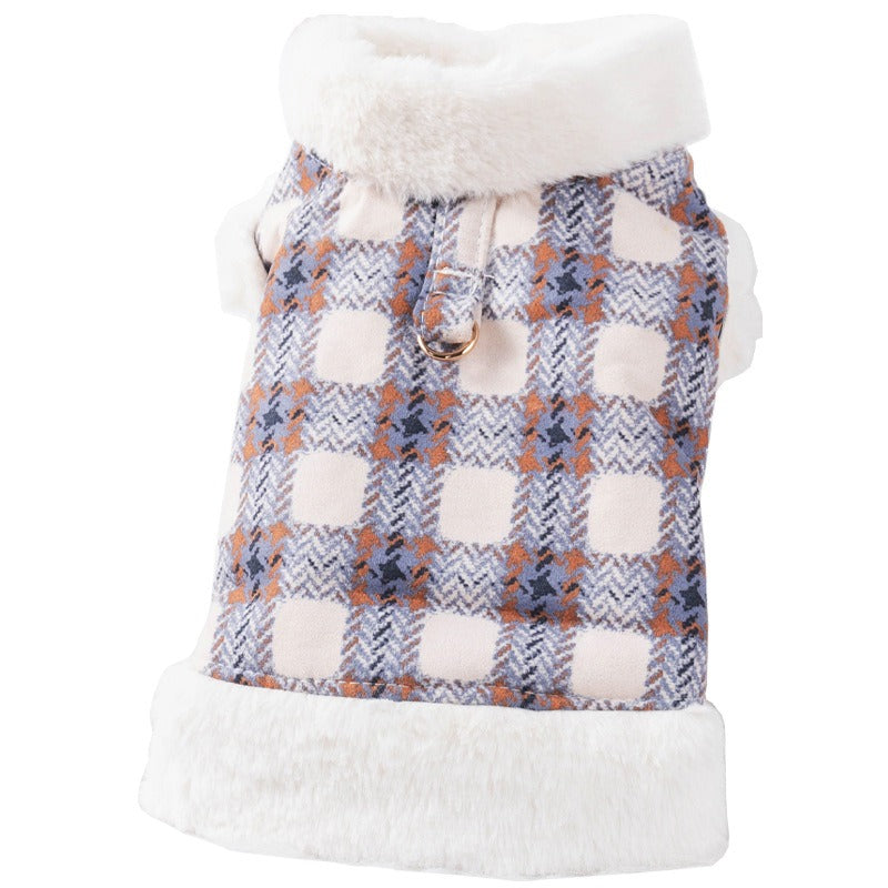 Dog or cat plaid coat warm and fluffy for autumn and winter