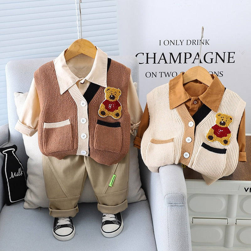 Boy's sweet three piece fashion long sleeved suit trendy(woolen bear vest sleeveless,shirt long sleeved and long pants)