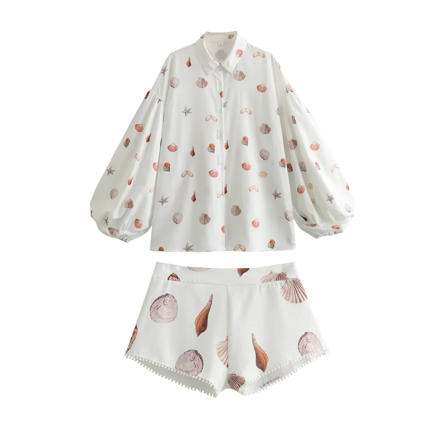 Women's fashion set long sleeve shirt and casual splicing shorts printed shells