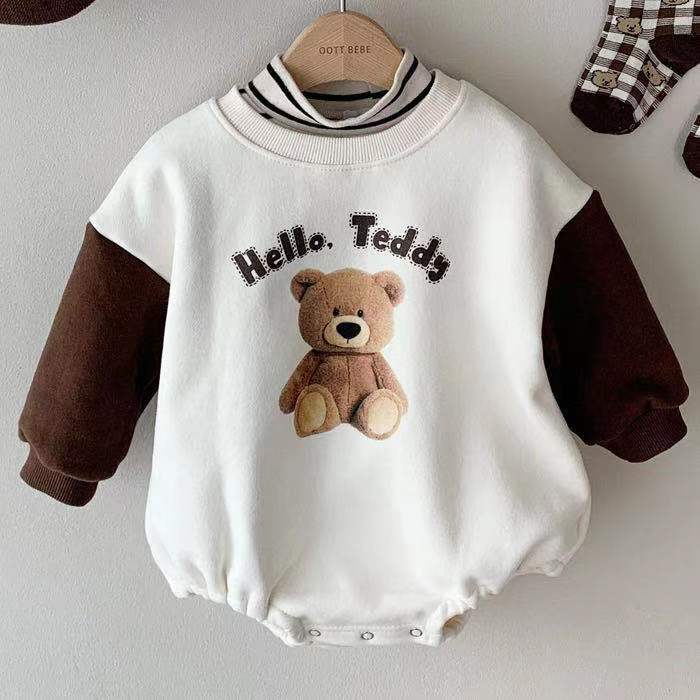 Baby's bodysuit (boys or girls) with a print of a bear with long sleeves in two colors