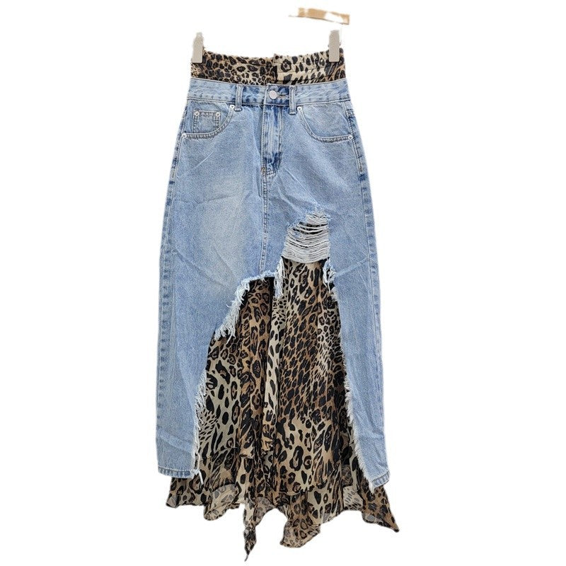 Cowboy Leopard Pattern Splicing Fake Two half piece women's Skirt