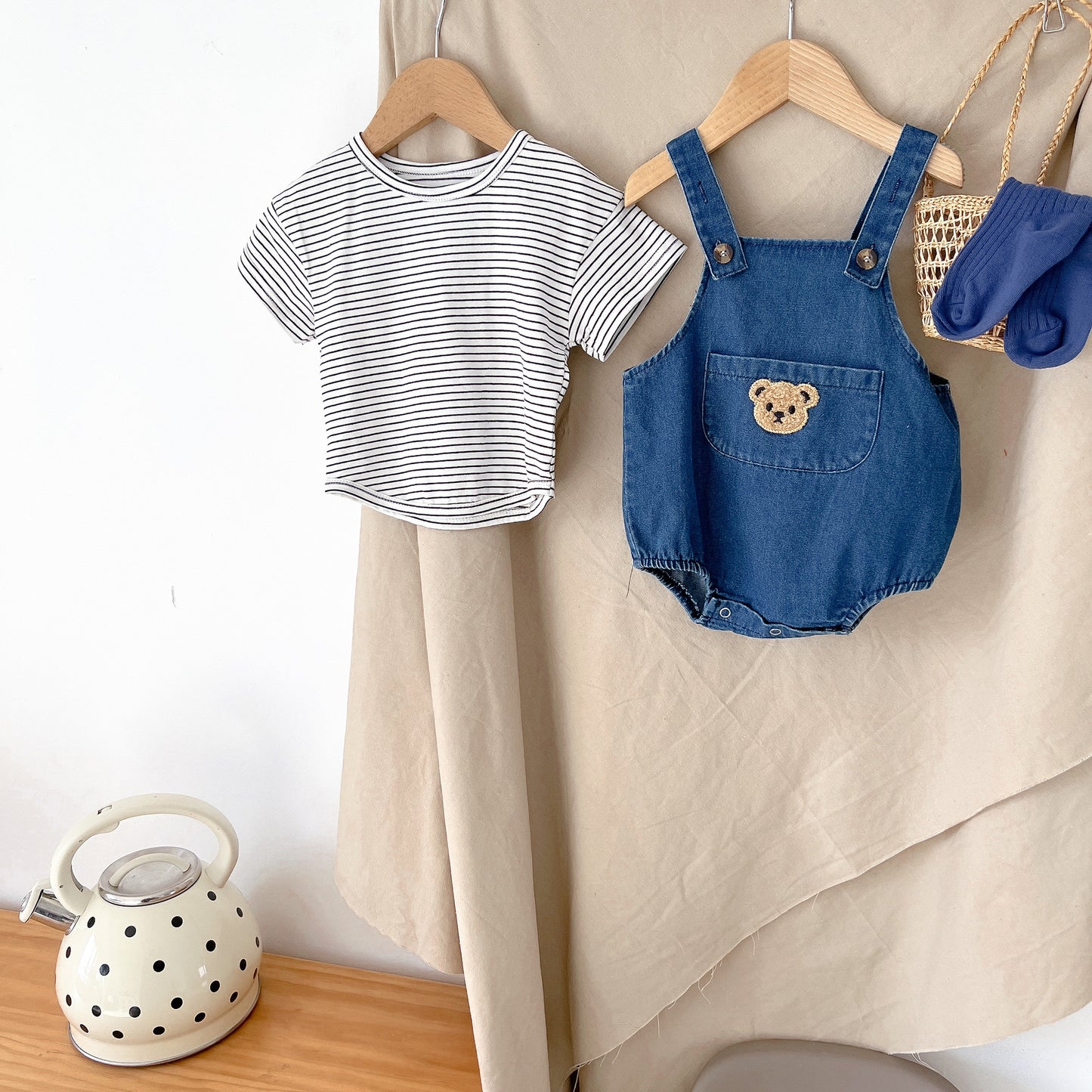 Baby's bear denim summer overalls(shorts with straps or baby striped sleeve t-shirt