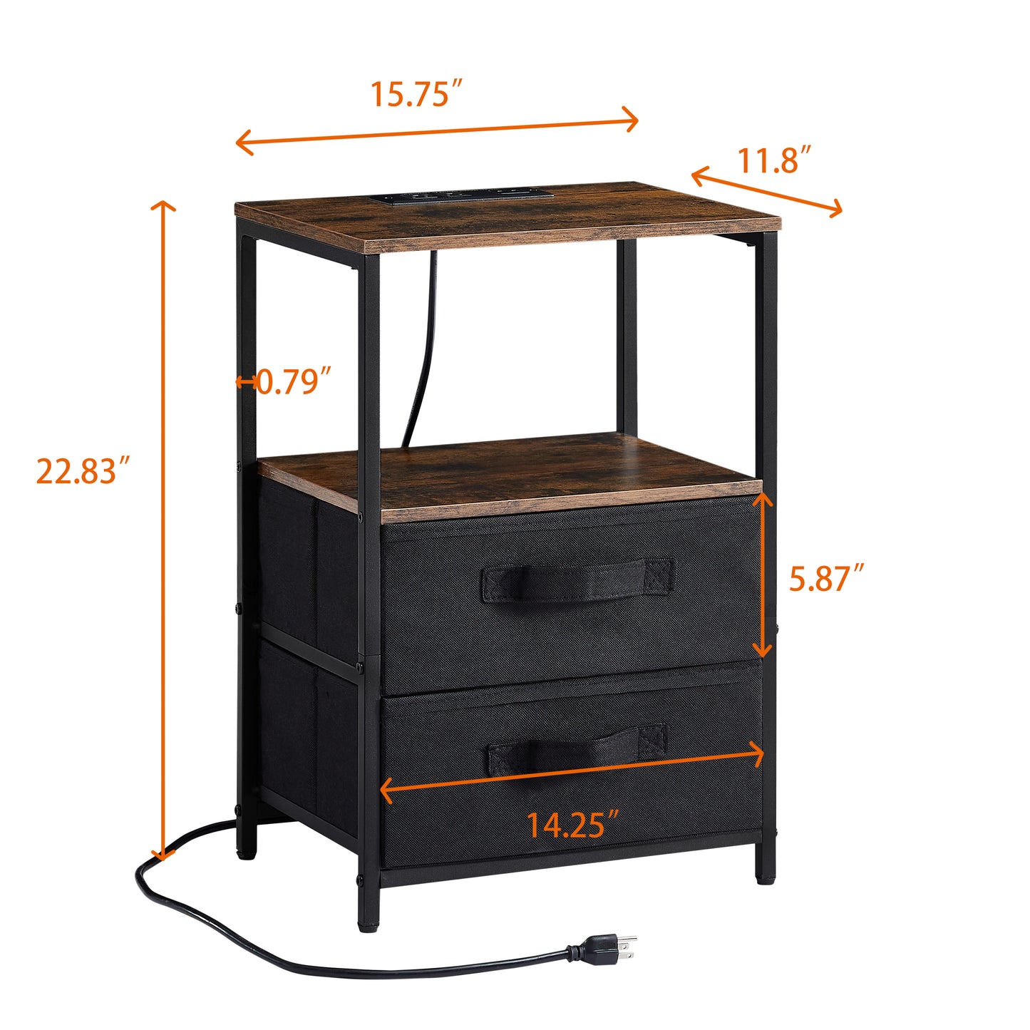 Small table/Bedside table with charging station,with USB port, socket and cloth bag, 2 drawers