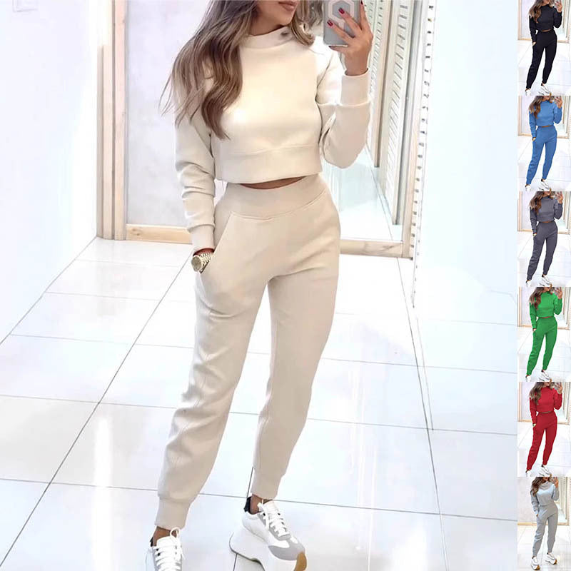 Stand Collar Sports Suit Fashion Pullover Long-sleeves Short Top And Slim Trousers With Pockets Solid Outfits Women's Clothing