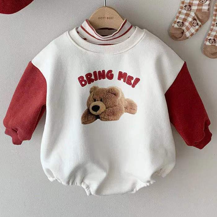 Baby's bodysuit (boys or girls) with a print of a bear with long sleeves in two colors