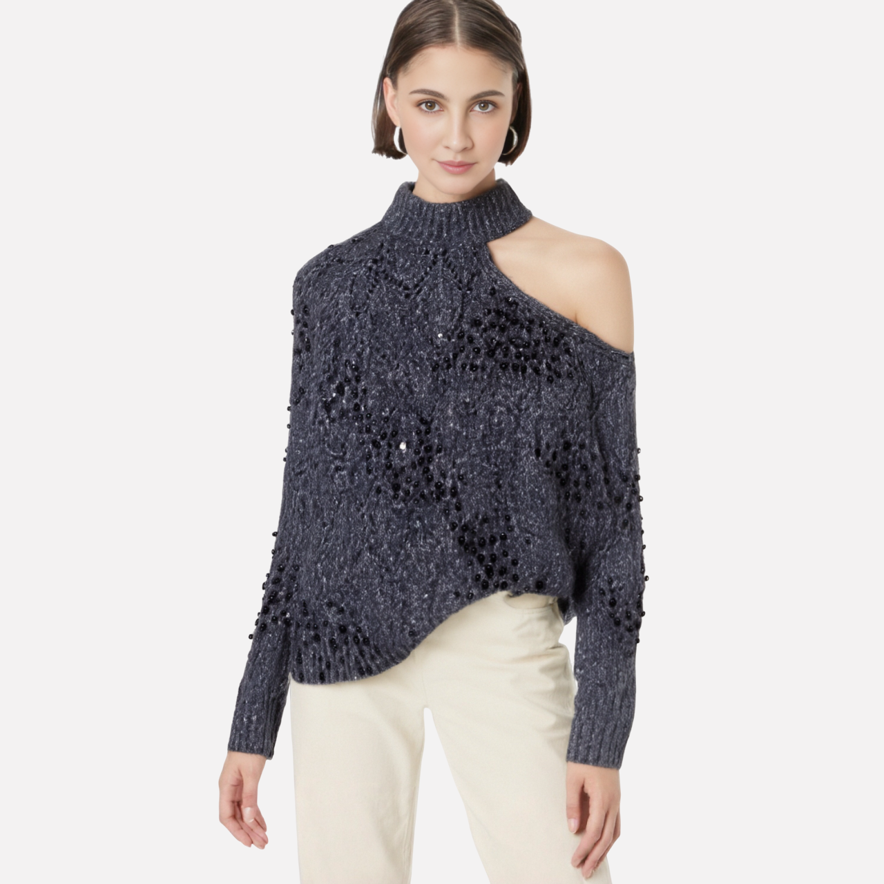 Women's asymmetrical knitted sweater open shoulder