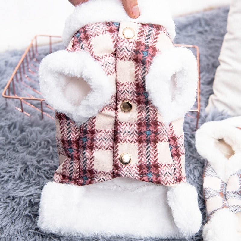 Dog or cat plaid coat warm and fluffy for autumn and winter