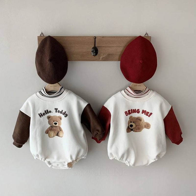 Baby's bodysuit (boys or girls) with a print of a bear with long sleeves in two colors