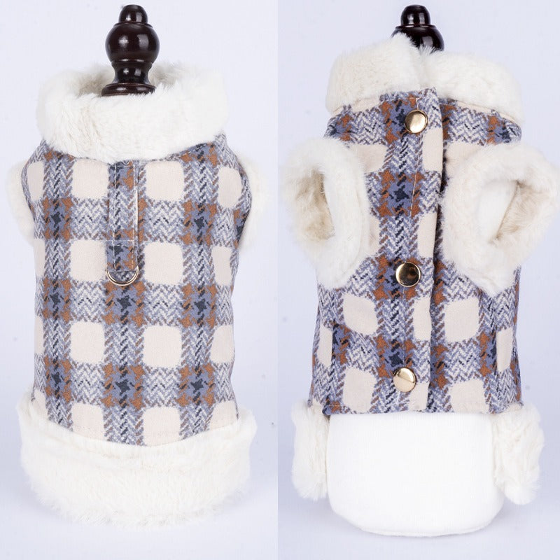 Dog or cat plaid coat warm and fluffy for autumn and winter