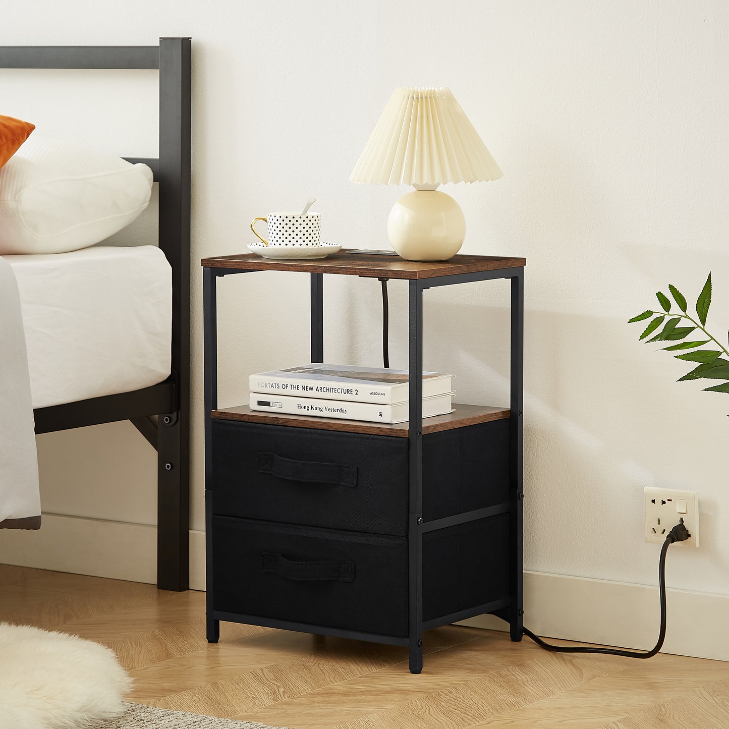 Small table/Bedside table with charging station,with USB port, socket and cloth bag, 2 drawers