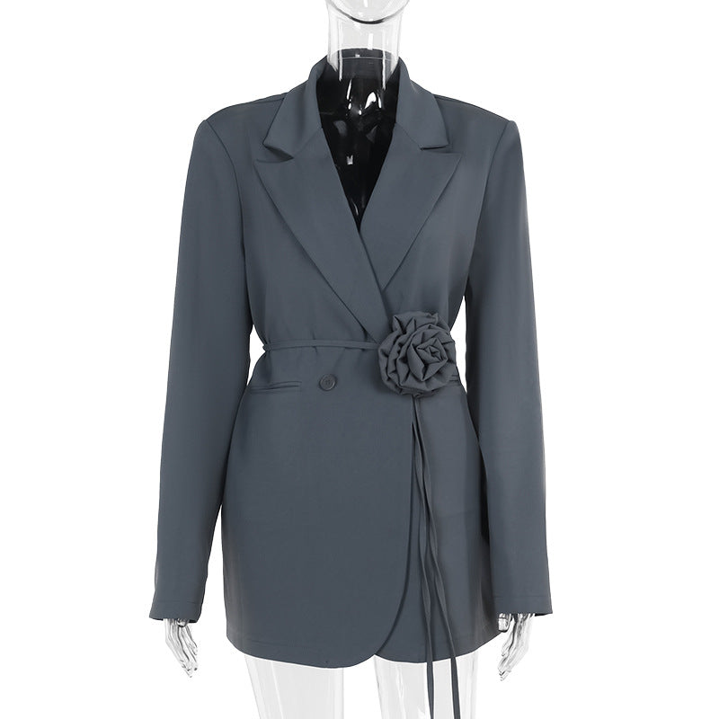 Women's fashionable style slim-fit suit jacket with three-dimensional flower belt