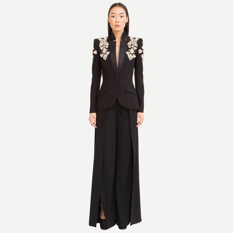 MELANIA-Women's fashion blazer & trousers heavy industry with diamonds and beads