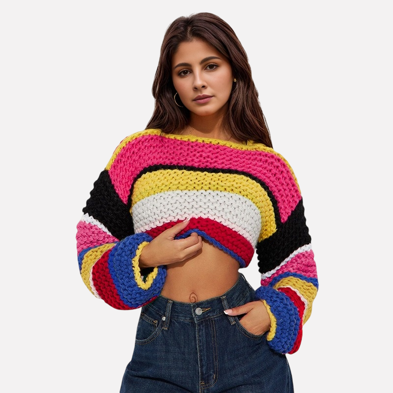 Women's handmade knitted short sweater,rainbow-striped with long wide sleeves