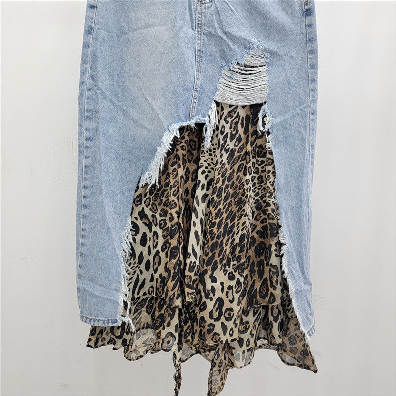 Cowboy Leopard Pattern Splicing Fake Two half piece women's Skirt