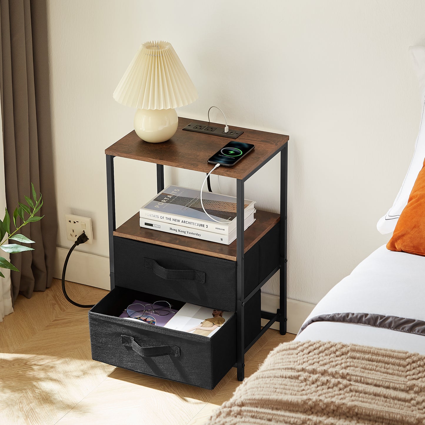 Small table/Bedside table with charging station,with USB port, socket and cloth bag, 2 drawers