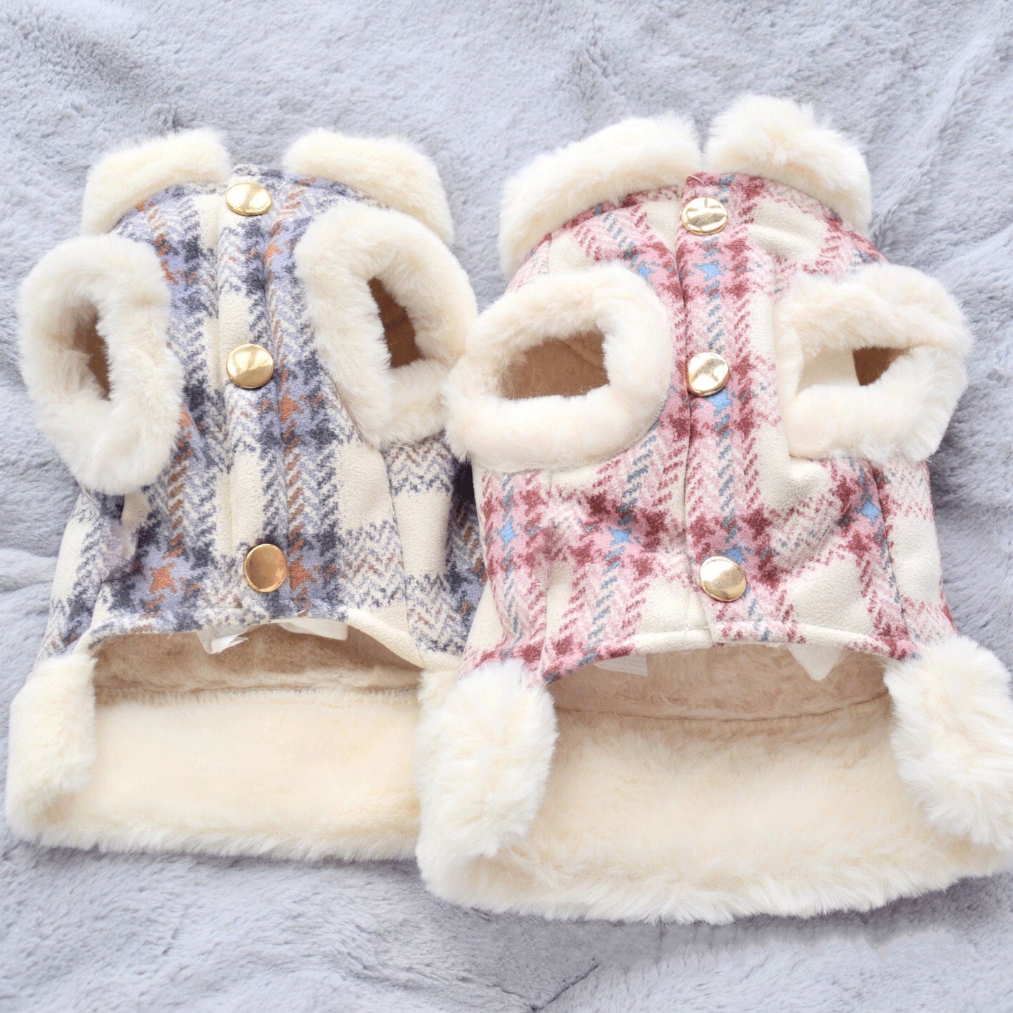 Dog or cat plaid coat warm and fluffy for autumn and winter