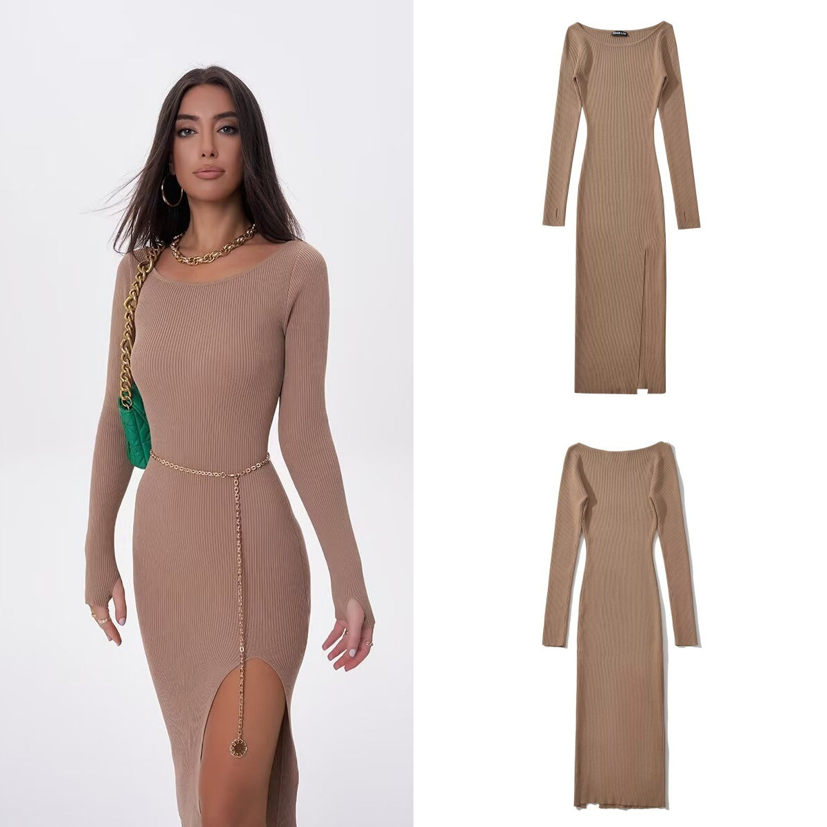 MIA-Women's fashionable multi-color dress with slit cut and long sleeve