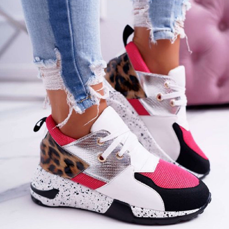 Women's fashion mixed-color sneakers, stylish lightweight running shoes lace-up front flats