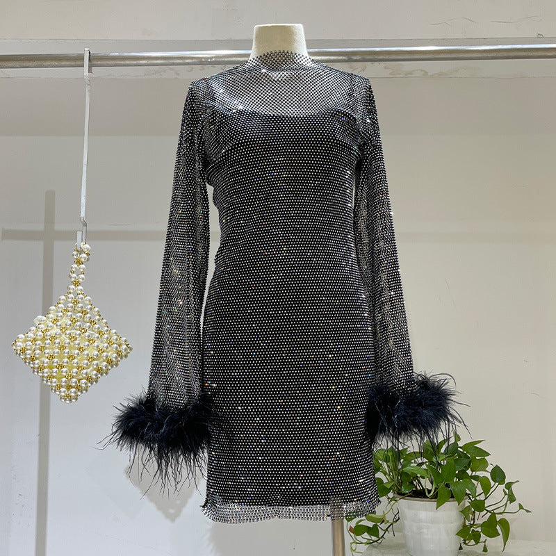 RIO dress-Luxurious perspective hollow mesh full diamond with ostrich hair