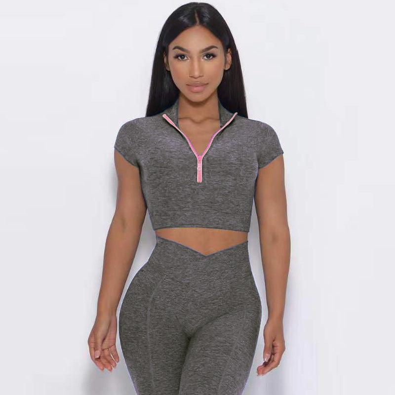 Women's yoga suit set, single shoulder bra, zipper, short sleeves, hip lifting shorts, long pants, fitness