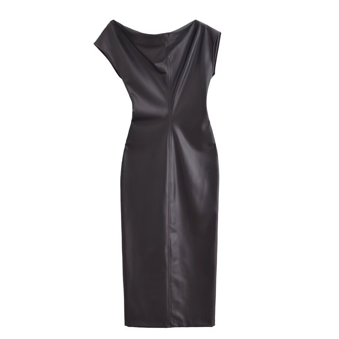 Runnin’ With The Devil - Asymmetric dress, long skirt, temperament, slim fit, hip hugging, faux leather pleated dress