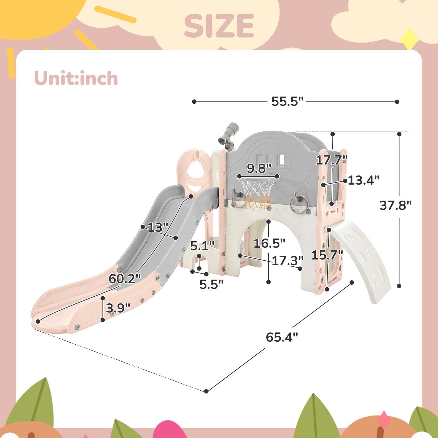 Kids Slide Playset Structure 7 in 1, Freestanding Spaceship Set with Slide, Arch Tunnel Pink+Grey + HDPE